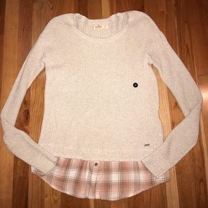 Tan Hollister sweater with stitched-in flannel
